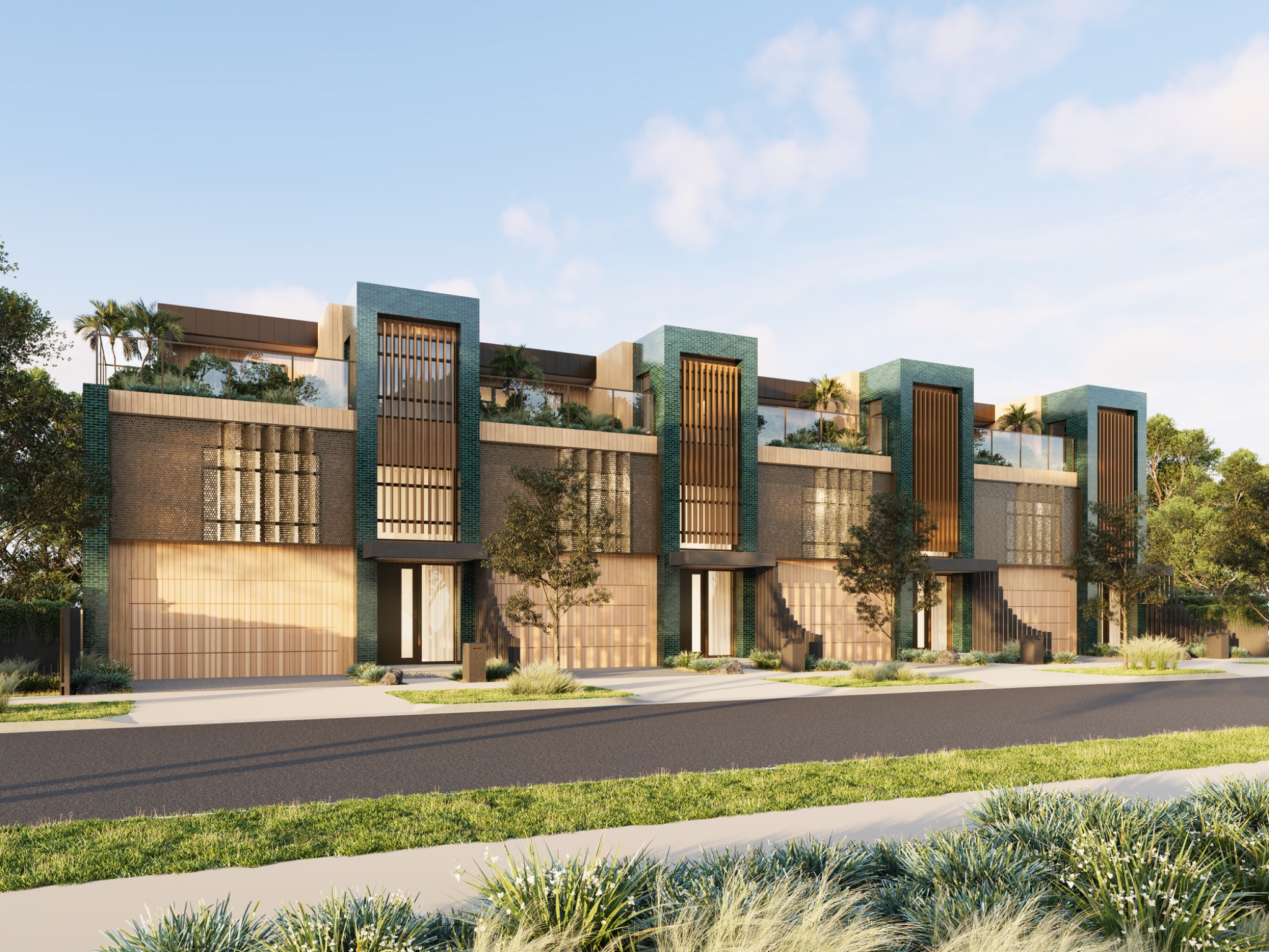 Urban residential development visualisation for 11 Dublin Street, Christchurch Central City, showing a refined row of multi-level townhouses with masonry facades, screening, integrated garages, planting and rooftop terraces. Photorealistic streetscape 3D render of contemporary three-storey townhouses at 11 Dublin Street, Christchurch Central City, with brick facades, vertical screens and rooftop terraces