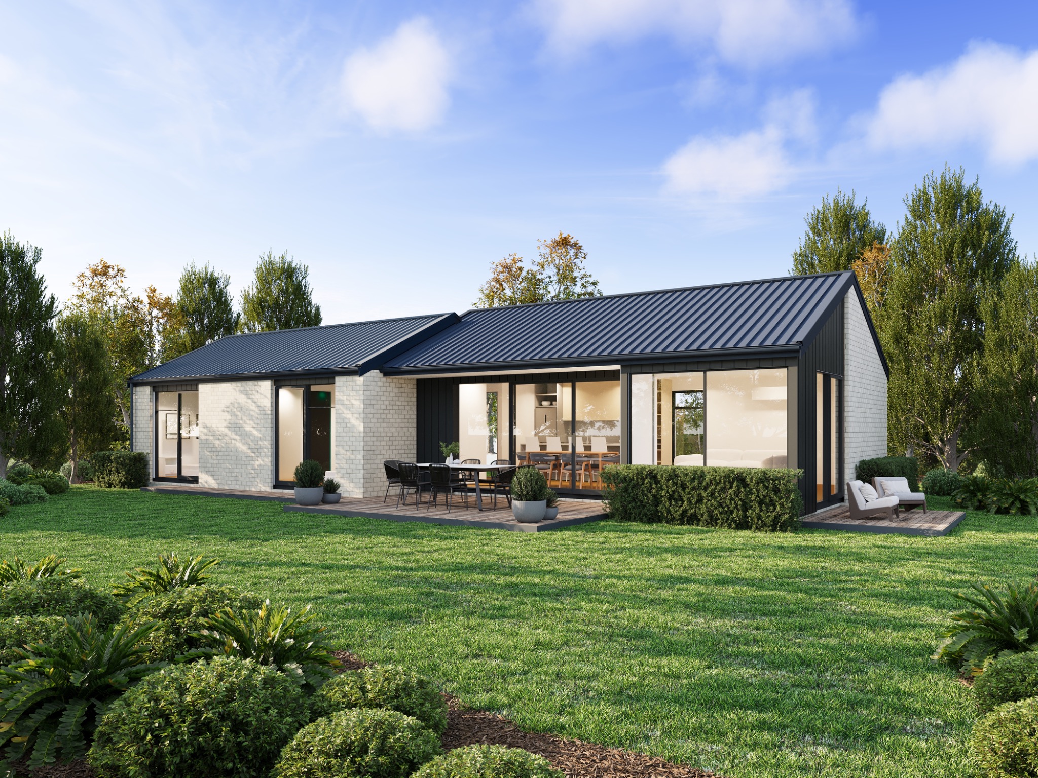 Residential architectural visualisation for 132A Eden Street, Oamaru, presenting the light brick facade, dark metal gabled roof, open-plan living connection, outdoor dining patio and established garden setting. Photorealistic rear exterior 3D render of a modern single-storey home at 132A Eden Street, Oamaru, Otago, with white brick, dark gabled roofing, patio and landscaped lawn