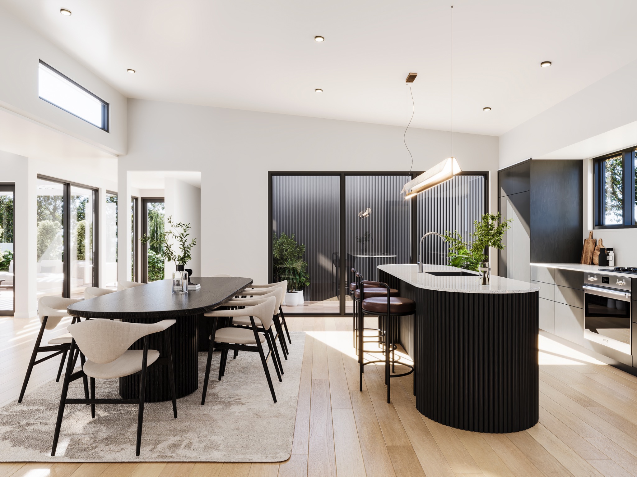 High-resolution residential interior visualisation for 3–5 Daisy Burrell Drive, Gulf Harbour, Whangaparāoa, featuring a refined open-plan kitchen and dining space with sculptural dark cabinetry, stone benchtops, warm timber flooring and abundant natural light. Photorealistic kitchen and dining interior 3D render at 3–5 Daisy Burrell Drive, Gulf Harbour, Whangaparāoa, with curved black joinery, pale timber flooring and full-height glazing