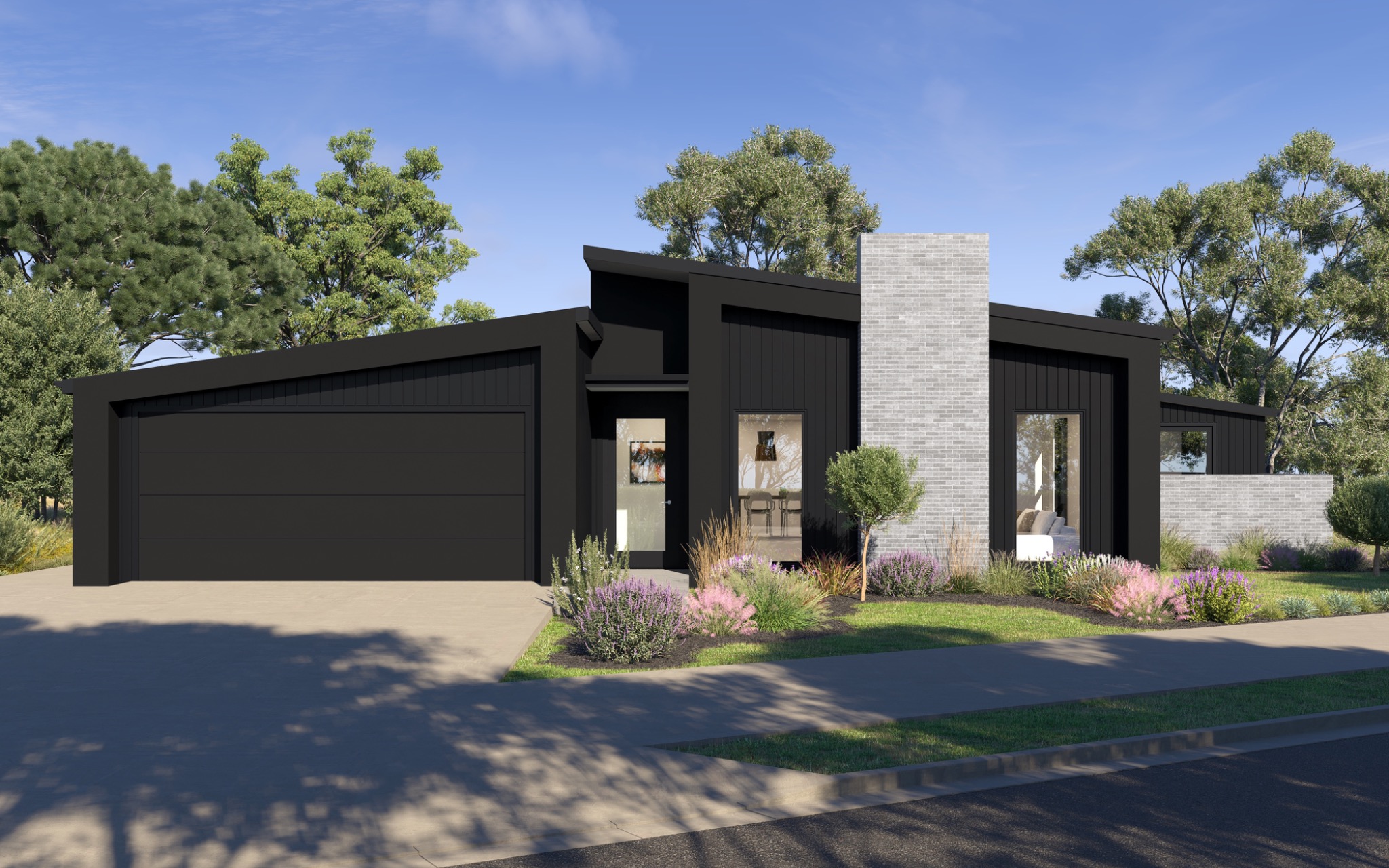 Residential exterior visualisation for 86 Ford Road, Marewa, Napier, presenting the dark contemporary facade, pale brick chimney, integrated garage, glazing and soft landscaped street frontage. Photorealistic exterior 3D render of a contemporary black-clad single-storey residence at 86 Ford Road, Marewa, Napier, with light brickwork and landscaped gardens