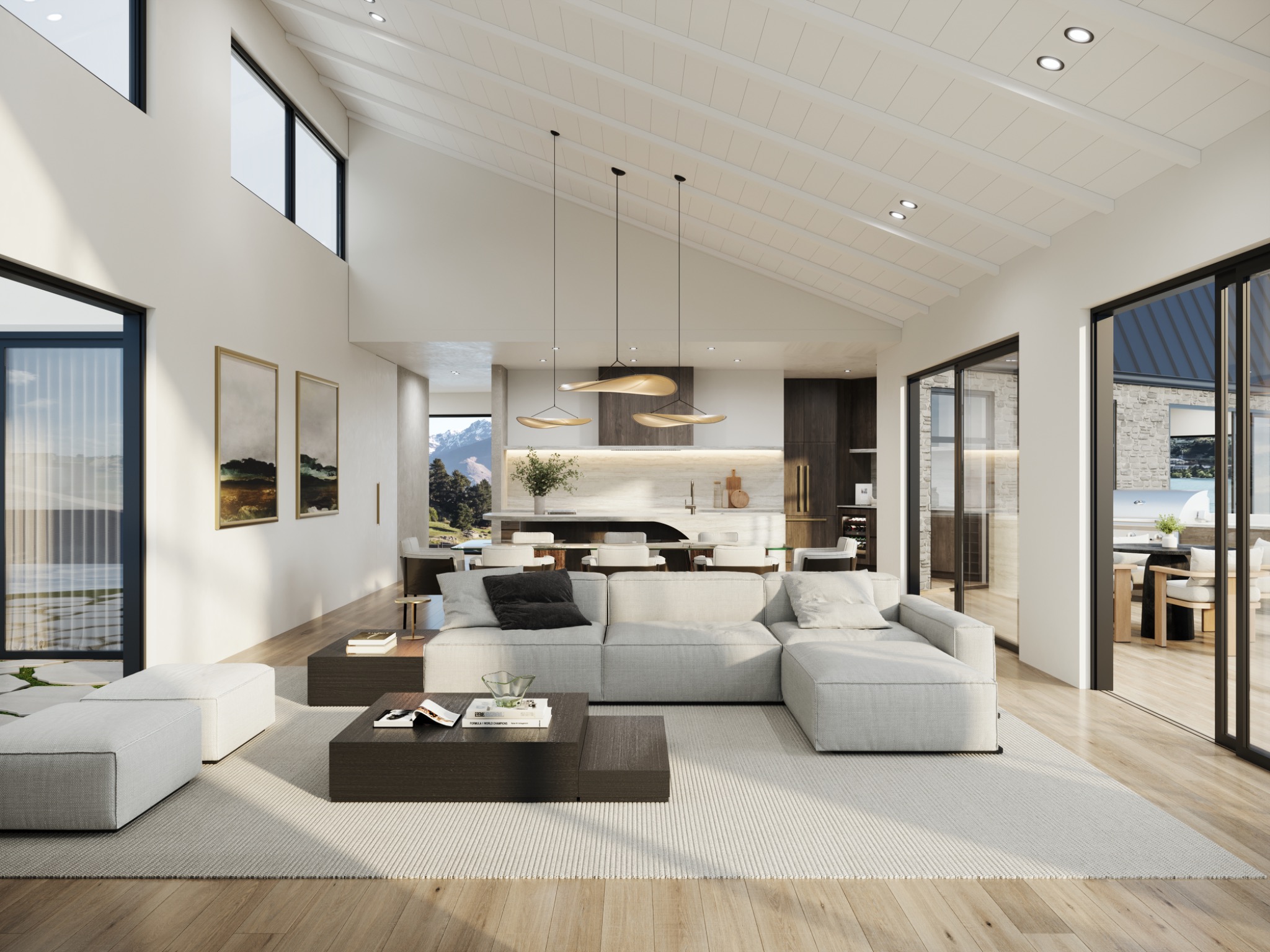 High-resolution architectural interior visualisation for 9 Springhill Road, Kelvin Heights, Queenstown, showing a bright open-plan living, kitchen and dining space with a vaulted ceiling, refined neutral finishes and alpine views. Photorealistic living, kitchen and dining interior 3D render at 9 Springhill Road, Kelvin Heights, Queenstown, with a vaulted white ceiling, mountain views and full-height glazing