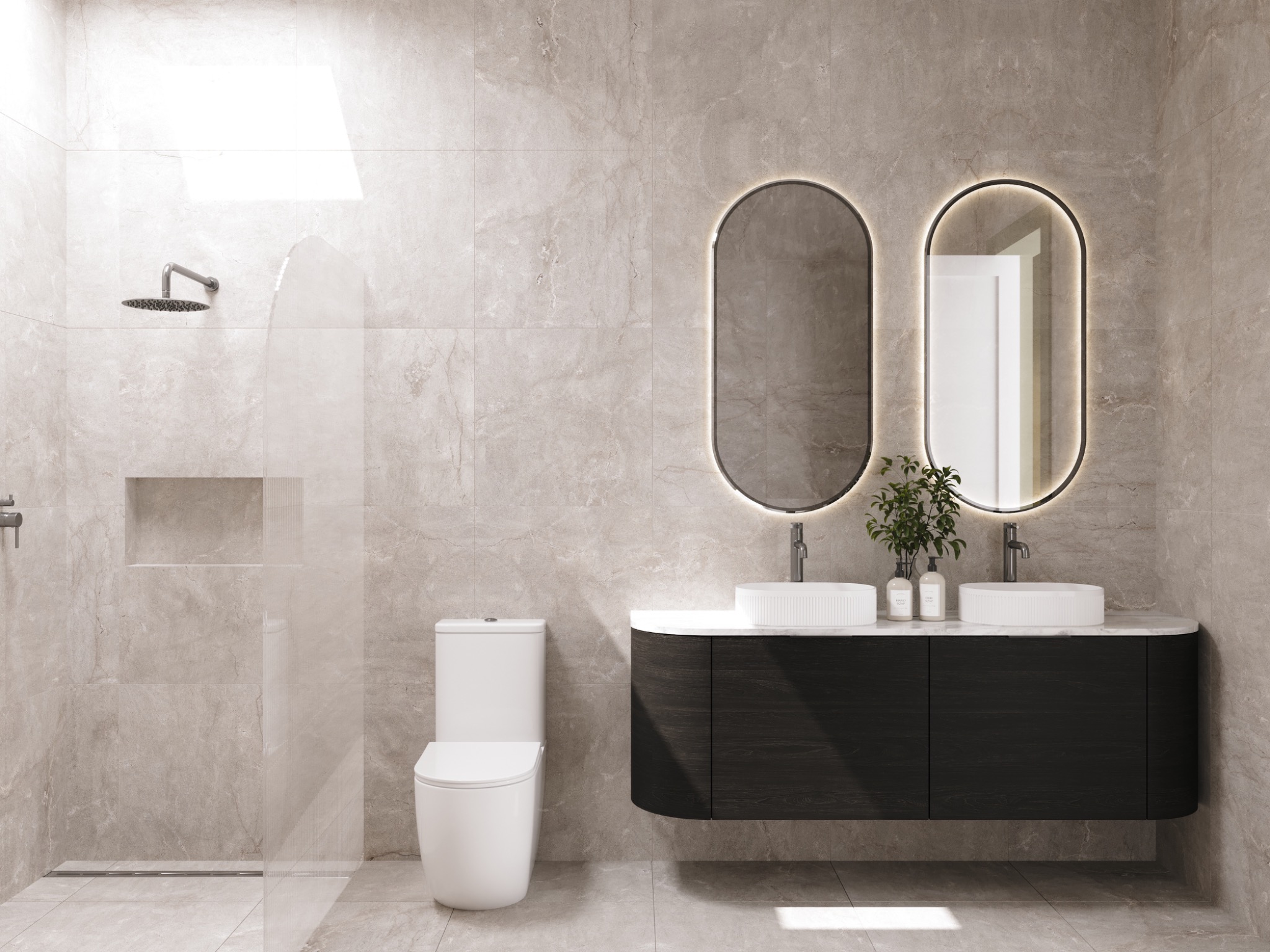 High-resolution bathroom visualisation for Lot 10 Wills Street, Christchurch, presenting a calm stone palette, frameless walk-in shower, twin vessel basins, illuminated mirrors and custom dark vanity. Photorealistic bathroom interior 3D render at Lot 10 Wills Street, Christchurch, with full-height stone tiles, twin illuminated mirrors, black timber vanity and walk-in shower